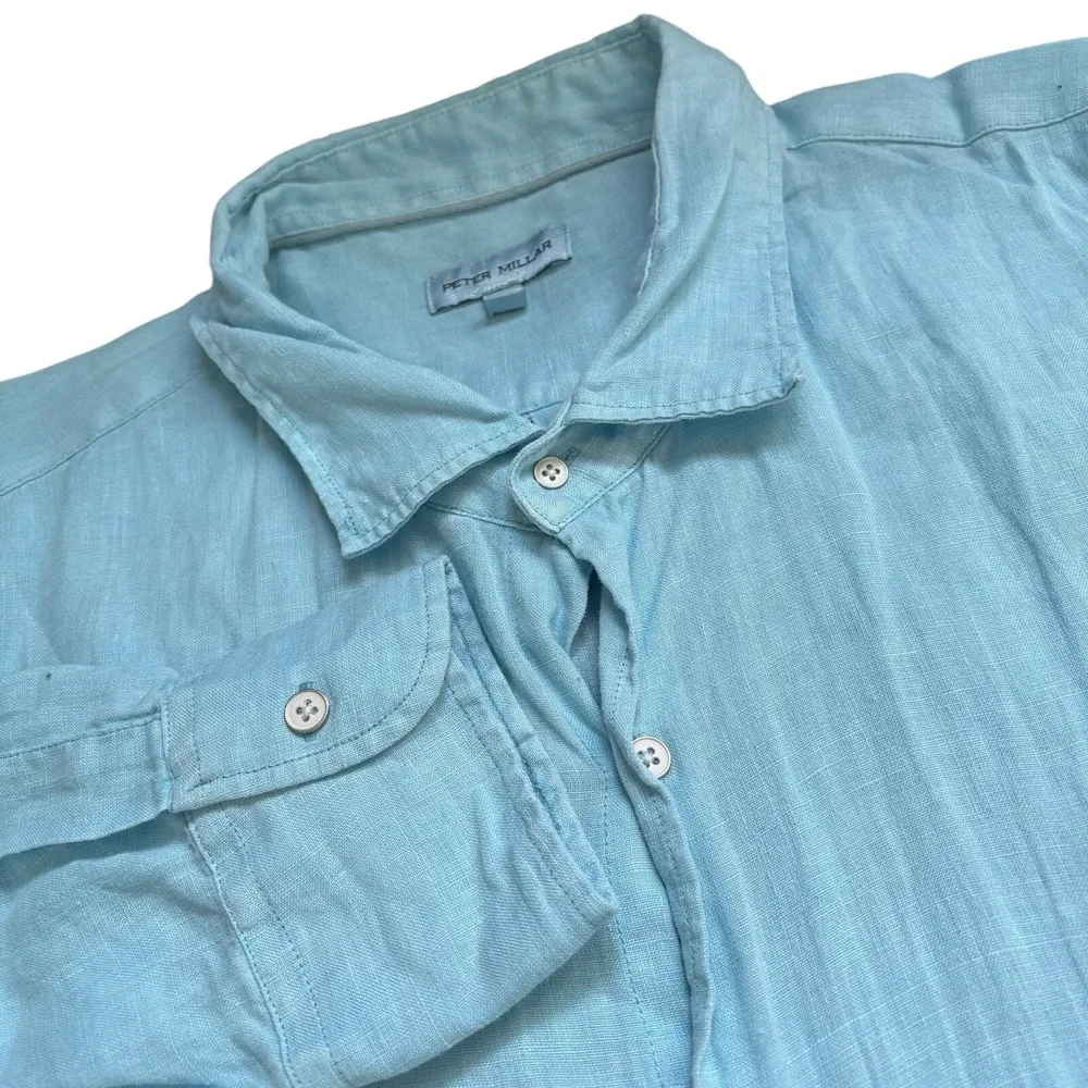 Peter Millar Button Up Shirt Mens XXL Blue 100% Linen Long Sleeve Breezy Hopsack